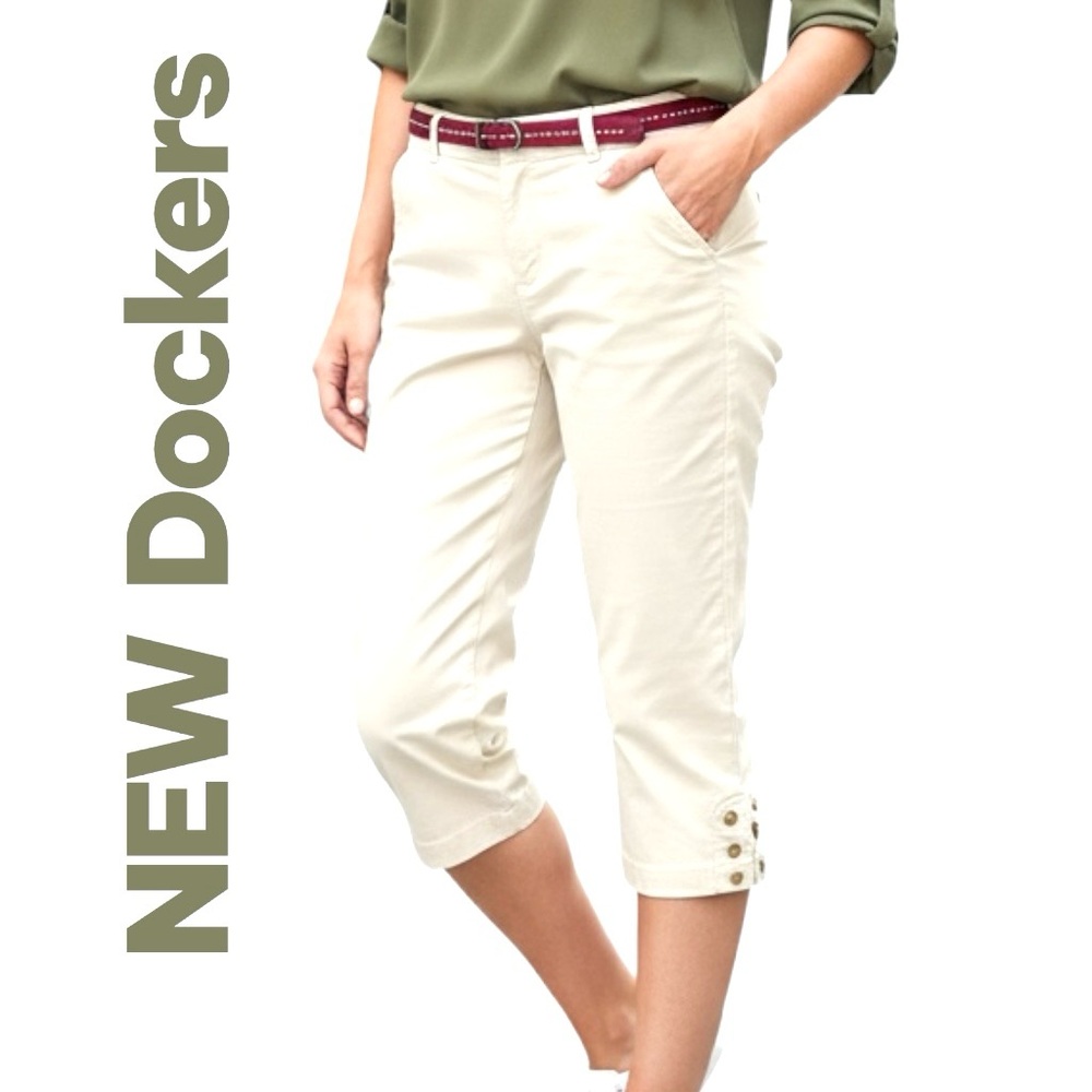 NEW Dockers Ivory Capri Cropped Maroon/Belted Pants Truly Slimming Stretchy
